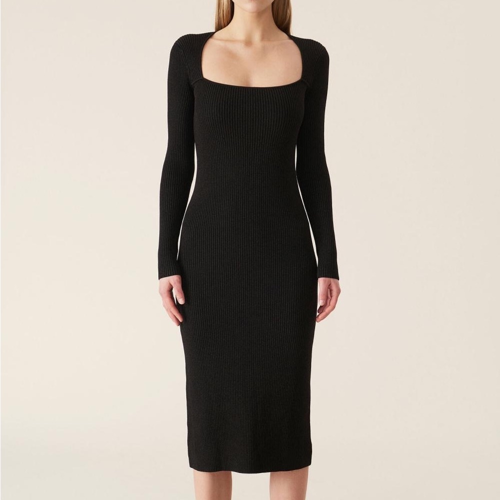 GANNI Melange Knit Square Neck Ribbed Midi Dress Black Medium